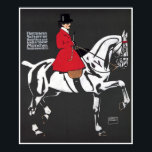 ART DECO HORSE en RIDER: Fine Art Poster<br><div class="desc">Een opvallend en geavanceerd kunstdecoschilderij dat wordt gebruikt als advertentie voor een Duitse sportkleermaker. Het is uitgevoerd in tijdloze rode, witte en zwarte tijdloze en toont een handig wit paard en een vrouw die zijzadels rijdt in een volledig ruiterpak, inclusief rode jas, zwarte bovenhoed en rijdend gewas dat zich bezighoudt...</div>