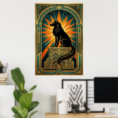 Art Deco Huilende Wolf Gouden Zonneschijn Poster (Thuiskantoor)
