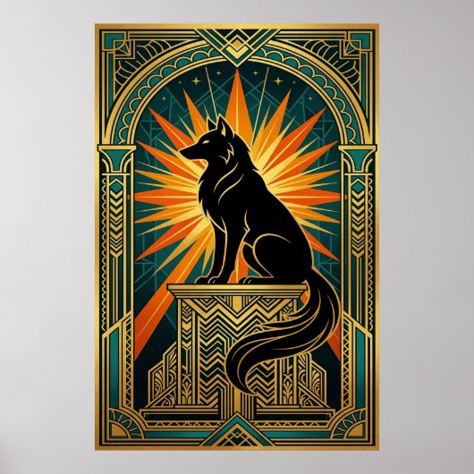 Art Deco Huilende Wolf Gouden Zonneschijn Poster (Voorkant)