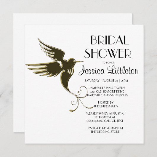 Art Deco Hummingbird Bridal Shower Invitations Kaart (Voorkant / Achterkant)