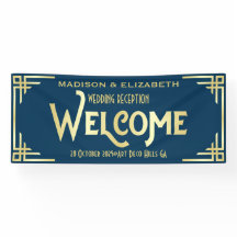 Art Deco Huwelijksreceptie Welkom Goud Donkerblauw