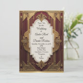 Art Deco Huwelijksuitnodiging Bourgogne & Gouden V Kaart (Staand voorkant)