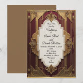 Art Deco Huwelijksuitnodiging Bourgogne & Gouden V Kaart (Voorkant / Achterkant)