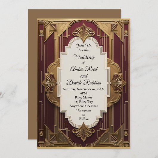 Art Deco Huwelijksuitnodiging Bourgogne & Gouden V Kaart (Voorkant / Achterkant)