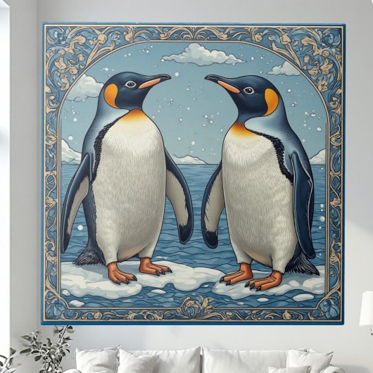 Art Deco Ice Birds Penguin Couple Snow Blue Ocean  Tegeltje