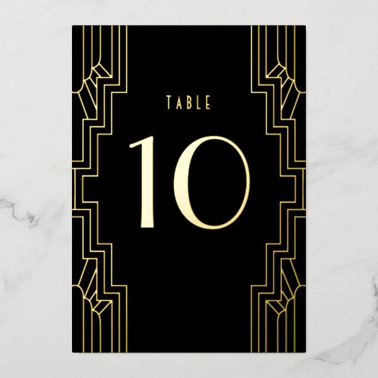 Art Deco IJzerwerk Zwarte Gouden Trouw Tafel Numme Folie Uitnodiging (Voorkant)