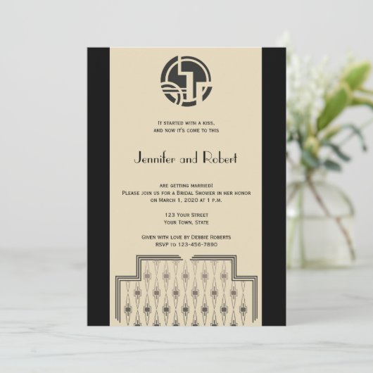 Art Deco in Black Ivory Bridal Shower Invitation Kaart (Staand voorkant)