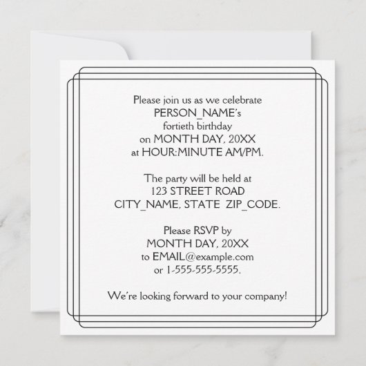 Art Deco Inspired 40th Birthday Party, Custom Name Kaart (Achterkant)