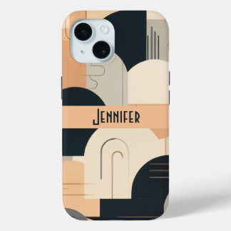 Art Deco Inspired Design in Peach & Black iPhone 15 Case