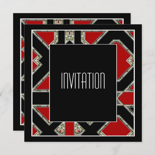 Art Deco Invitation Red Kaart (Voorkant / Achterkant)