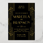 Art Deco Ironwork Black en Gold Wedding Folie Uitnodiging (Voorkant)