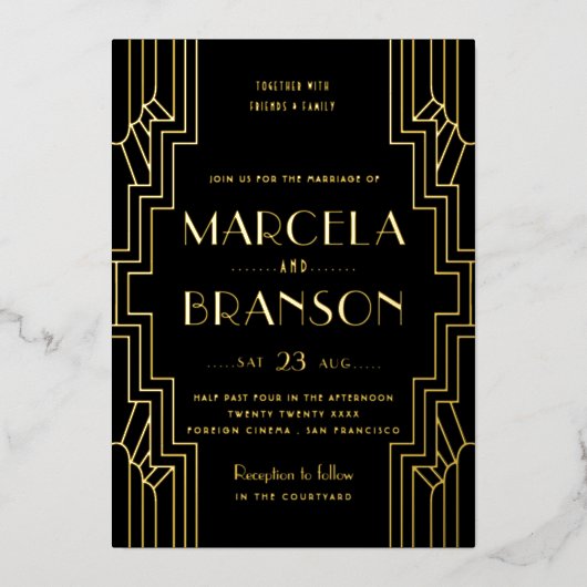 Art Deco Ironwork Black en Gold Wedding Folie Uitnodiging (Voorkant)
