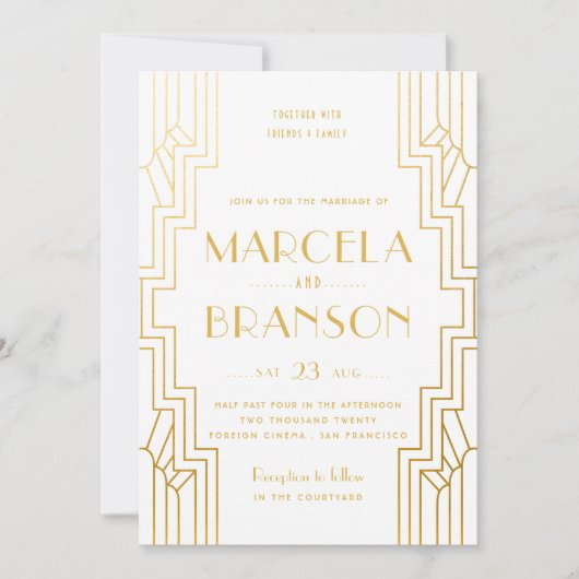 Art Deco Ironwork Faux Gold Wedding Kaart (Voorkant)