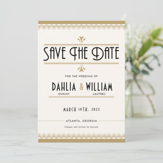 Art Deco  Ivoor en Wit en Goud Save The Date (Staand voorkant)