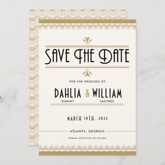 Art Deco  Ivoor en Wit en Goud Save The Date (Voorkant / Achterkant)