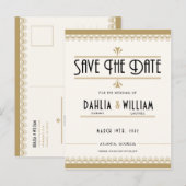 Art Deco Ivoor Gold Save the Date Aankondigingskaart (Voorkant / Achterkant)