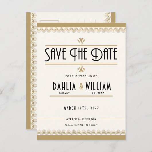 Art Deco Ivoor Gold Save the Date Aankondigingskaart (Voorkant / Achterkant)