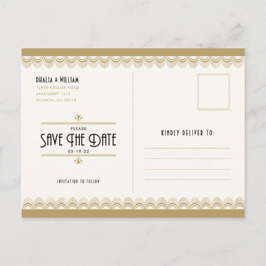 Art Deco  Ivoor Gold Save the Date Aankondigingskaart (Achterkant)