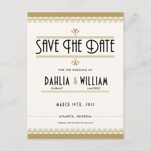 Art Deco Ivoor Gold Save the Date Aankondigingskaart (Voorkant)