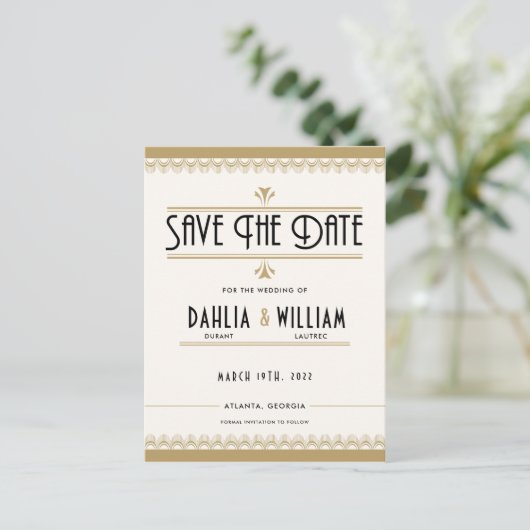Art Deco Ivoor Gold Save the Date Aankondigingskaart (Staand voorkant)