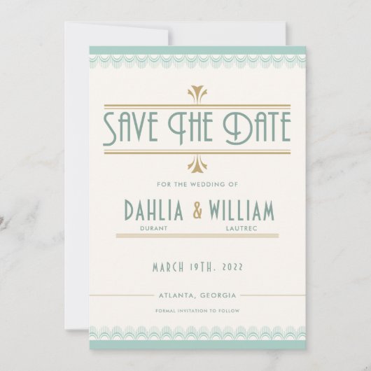 Art Deco Ivoor Munt en Goud Save The Date (Voorkant)