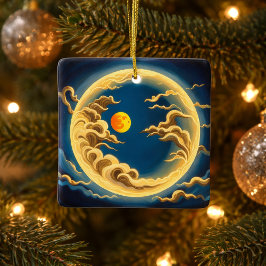 "Art Deco Japans-geïnspireerd Volle maan en wolken Keramisch Ornament
