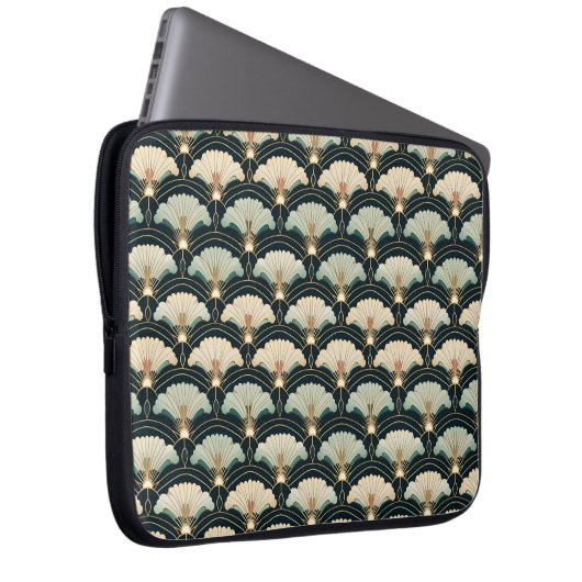 Art Deco Japans Goud Blauwgroen Fans Laptop Mouw Laptop Sleeve (Voorkant Rechts)
