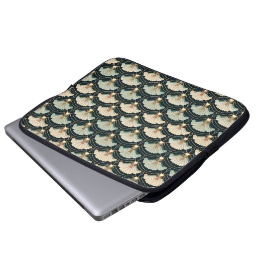 Art Deco Japans Goud Blauwgroen Fans Laptop Mouw Laptop Sleeve (Voorkant onderkant)