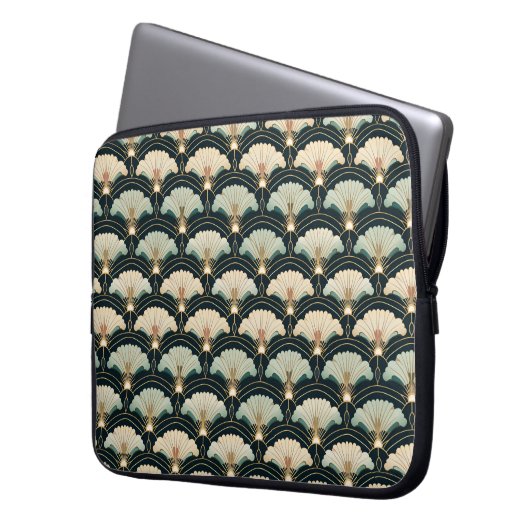 Art Deco Japans Goud Blauwgroen Fans Laptop Mouw Laptop Sleeve (Voorkant Links)