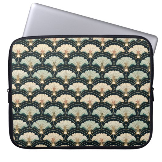 Art Deco Japans Goud Blauwgroen Fans Laptop Mouw Laptop Sleeve (Voorkant)