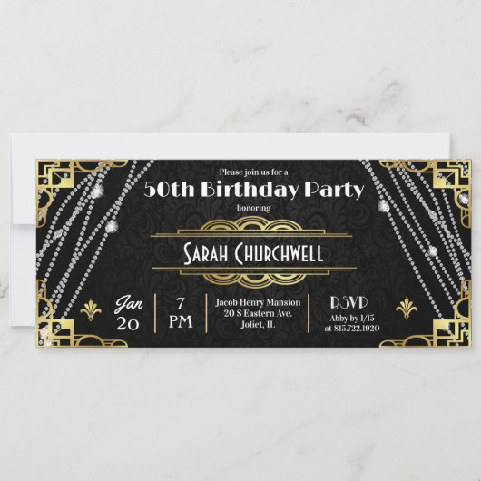 Art Deco jaren 20 feest ticket uitnodiging (Voorkant)