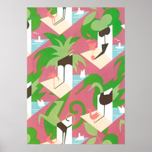 Art Deco Jazz Pochoir Palm Trees en Birds Poster