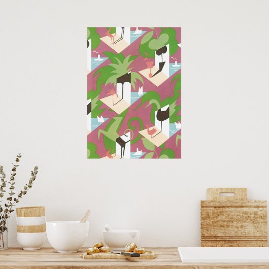 Art Deco Jazz Pochoir Palm Trees en Birds Poster (Keuken)