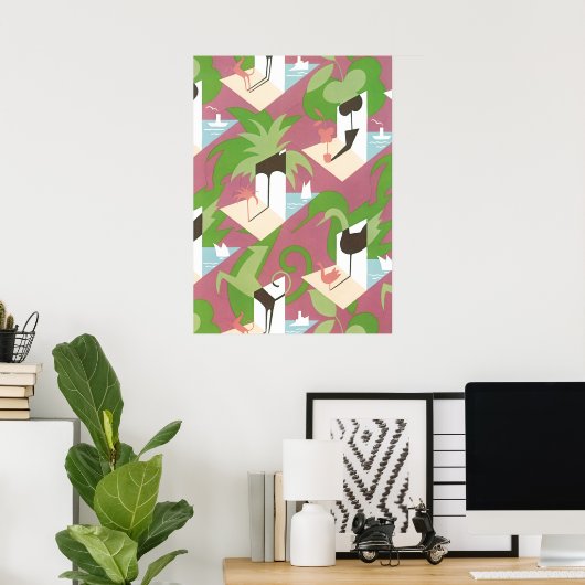 Art Deco Jazz Pochoir Palm Trees en Birds Poster (Thuiskantoor)