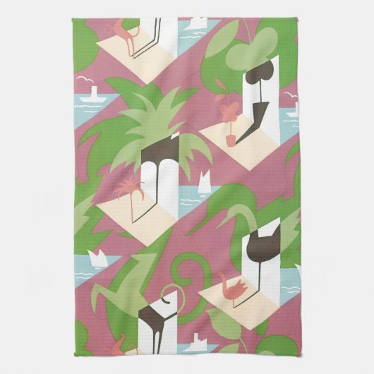  Art Deco Jazz Pochoir Palm Trees en Birds Theedoek (Verticaal)