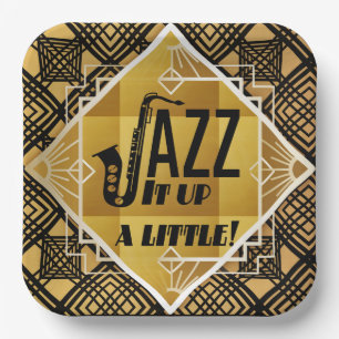 Art deco jazz saxofoon zwart goud muziek papieren bordje