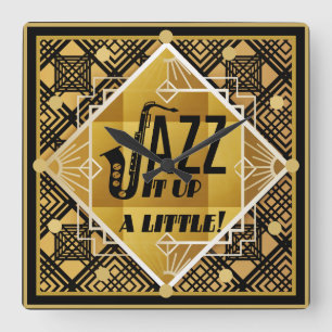 Art Deco JAZZ Saxophone Black Gold 1920s Muziek Vierkante Klok