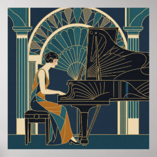Art Deco Jazz Trio Poster Saxofoon Trompet Zang