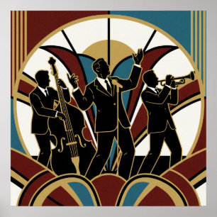 Art Deco Jazz Trompet Zonuitbarsting Poster Goud
