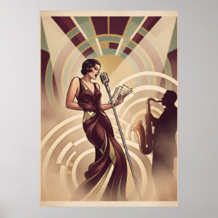 Art Deco Jazz-zanger en saxofonist Kunst Poster