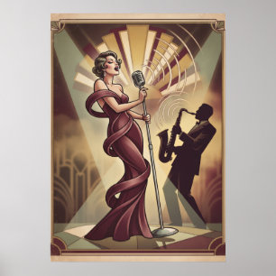 Art Deco Jazz-zanger en saxofonist Kunst Poster