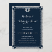 Art Deco Jubileum Party Silver en Navy Blue Kaart (Voorkant / Achterkant)