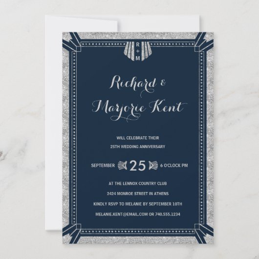 Art Deco Jubileumfeest Zilver en Navy Blauwe Kaart (Voorkant)