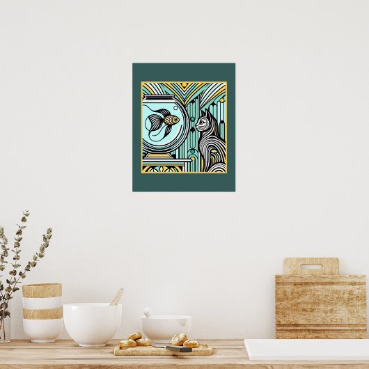 Art Deco Kat en Vis Ontmoeting - Nieuwsgierige oge Poster (Keuken)