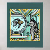 Art Deco Kat en Vis Ontmoeting - Nieuwsgierige oge Poster (Voorkant)
