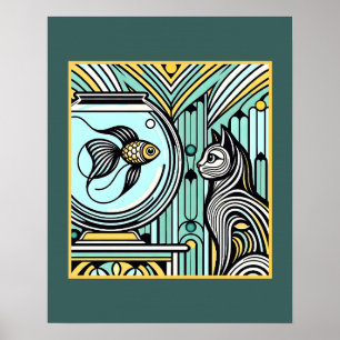 Art Deco Kat en Vis Ontmoeting - Nieuwsgierige oge Poster