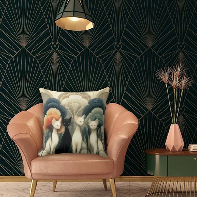 Art Deco katten in bomen Kussen (Creator heeft geüpload)