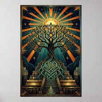 Art Deco Keltische Levensboom Piramide Goud Teal