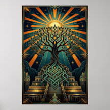 Art Deco Keltische Levensboom Piramide Goud Teal