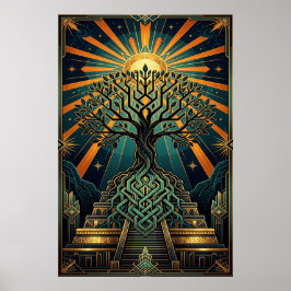 Art Deco Keltische Levensboom Piramide Goud Teal Poster